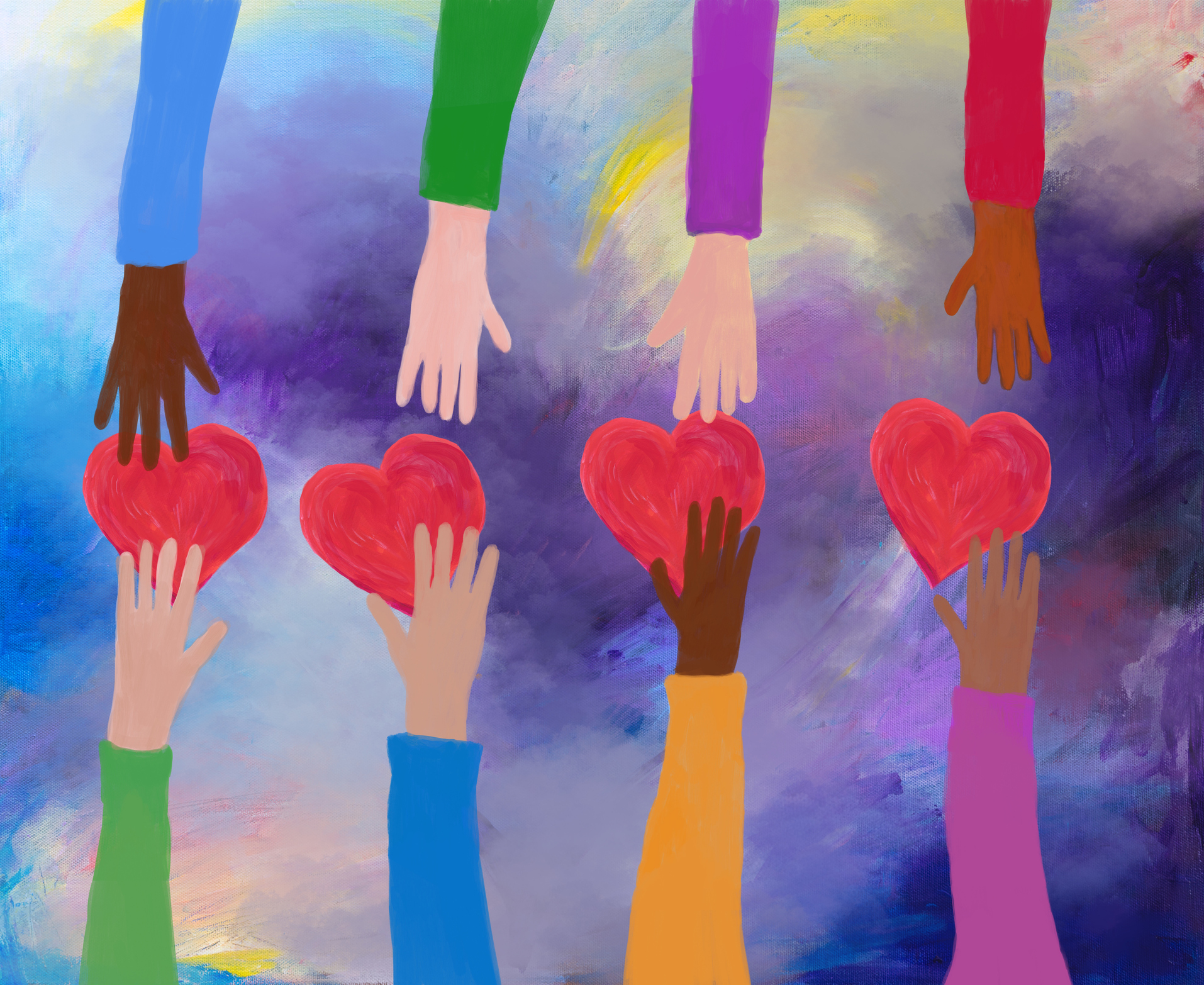 Hands giving and receiving red hearts. concept of love and care. Acrylic painting.